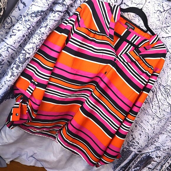 NEON STRIPE TOP 2X Notations Summer Beach Vacation Office Work Orange Pink Light - Picture 1 of 9